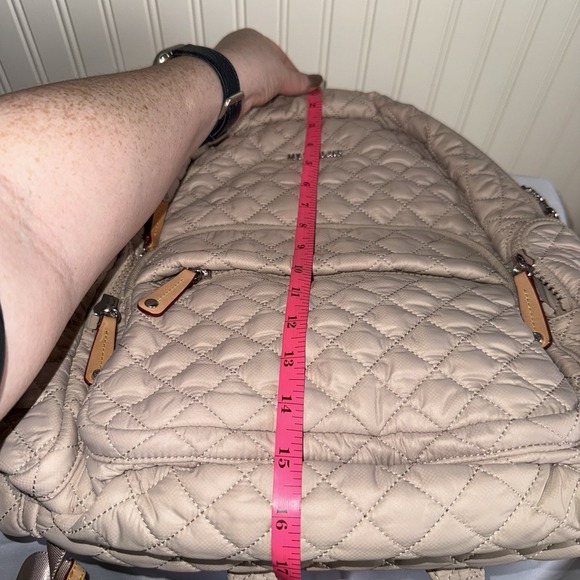 MZ Wallace Pocket Metro Quilted Nylon Backpack Diaper Laptop Work Bag Beige Tan - Picture 15 of 16